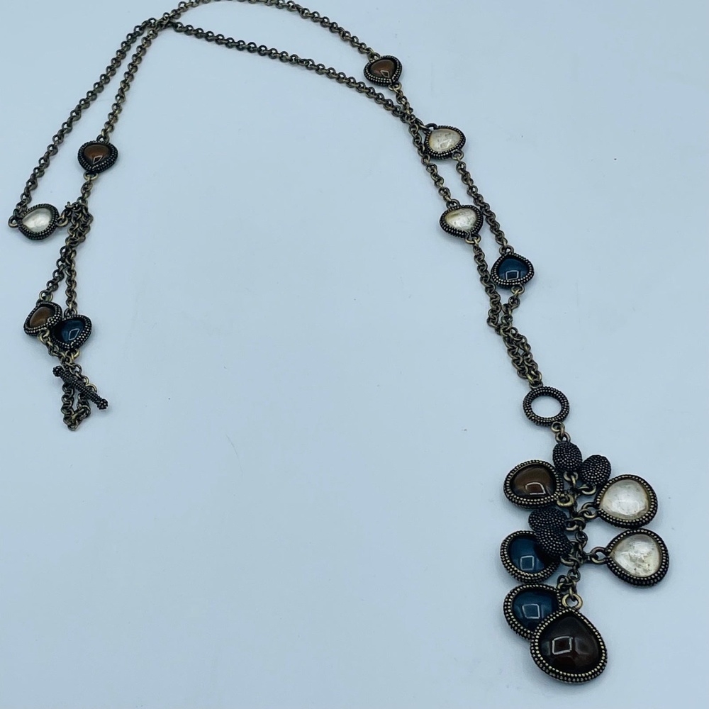 Lia Sophia Long Antique Matte Gold Genuine Rock Crystal Caviar Necklace like new